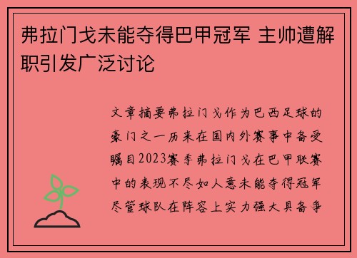 弗拉门戈未能夺得巴甲冠军 主帅遭解职引发广泛讨论